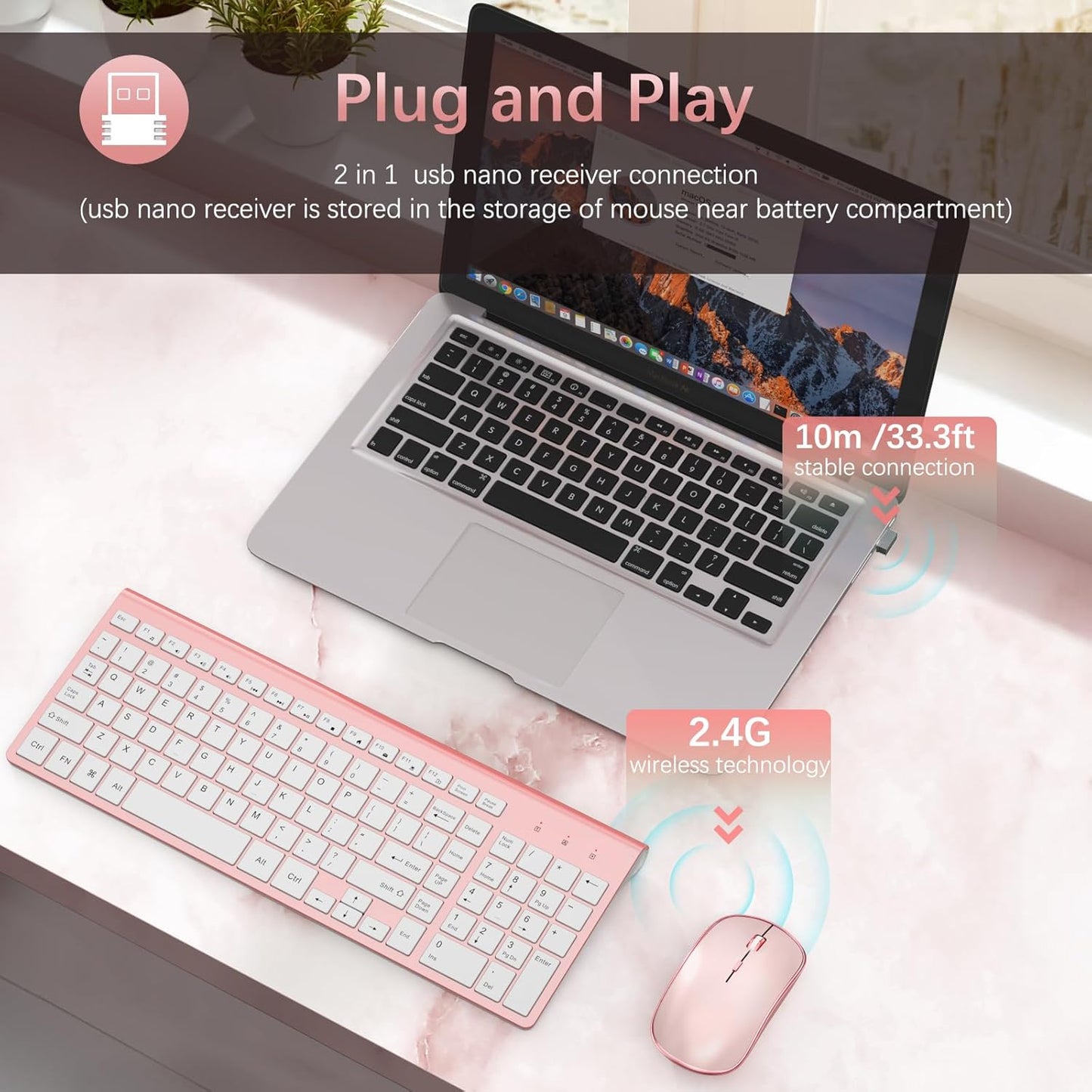 Wireless Keyboard and Mouse,2.4G Full Size and Portable Wireless Keyboard with Numeric Keyboard or Computer/Desktop/Laptop/Windows 10/8/7 -Pink