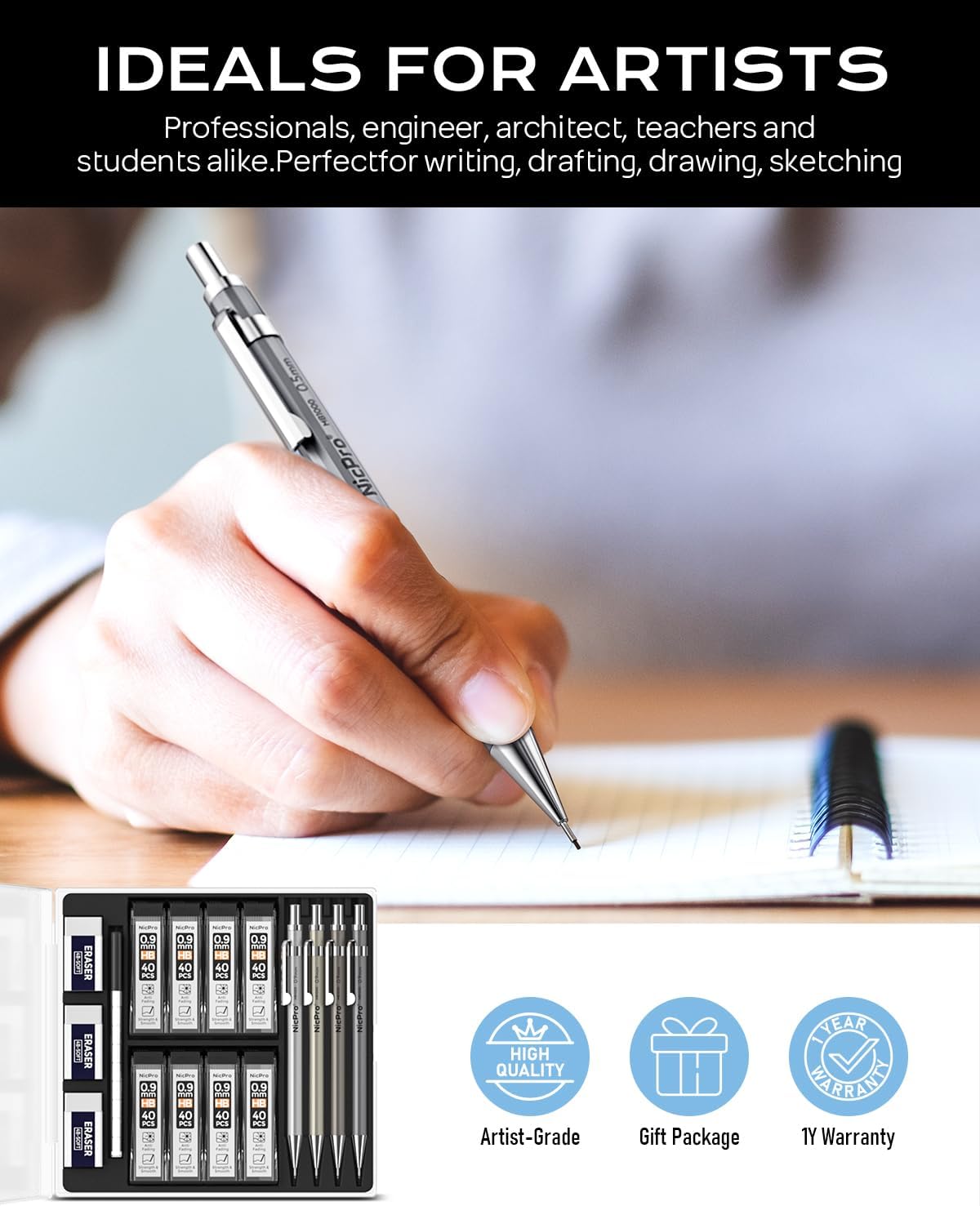 Nicpro 4 Pack Metal Mechanical Pencil Set 0.9mm, MB1000 Lead Drafting Pencil 0.9 mm with 8 Tube HB #2 Lead Refill, 3PCS 4B Eraser, 9 Cap Eraser for Artist Writing, Sketching, Drawing- Come with Case