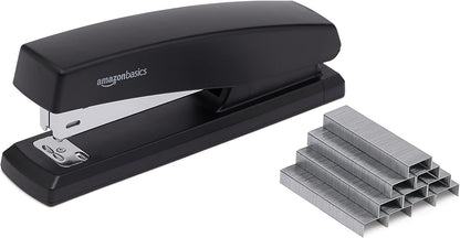 Amazon Basics Desktop Stapler with 1000 Staples, Office Stapler, Lightweight, Easy to Use, 25 Sheet Capacity, Non-Slip, Black, 3 Pack