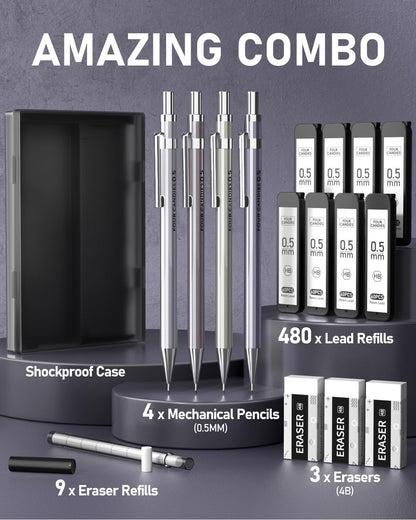 Four Candies 0.5mm Mechanical Pencil Set with Case - 4PCS Metal Mechanical Pencils, 8 Tubes HB #2 Lead Refills, 3PCS 4B Erasers and 9PCS Eraser Refills, Lead Mechanical Pencils for Writing & Drawing