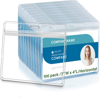4x3 Inch Horizontal Badge Holder, Clear Plastic ID Card Protector with Waterproof Resealable Zip Type, Badge Sleeve Fits Name Tag Holder/RFID/Proximity/Credit Card (100PCS)