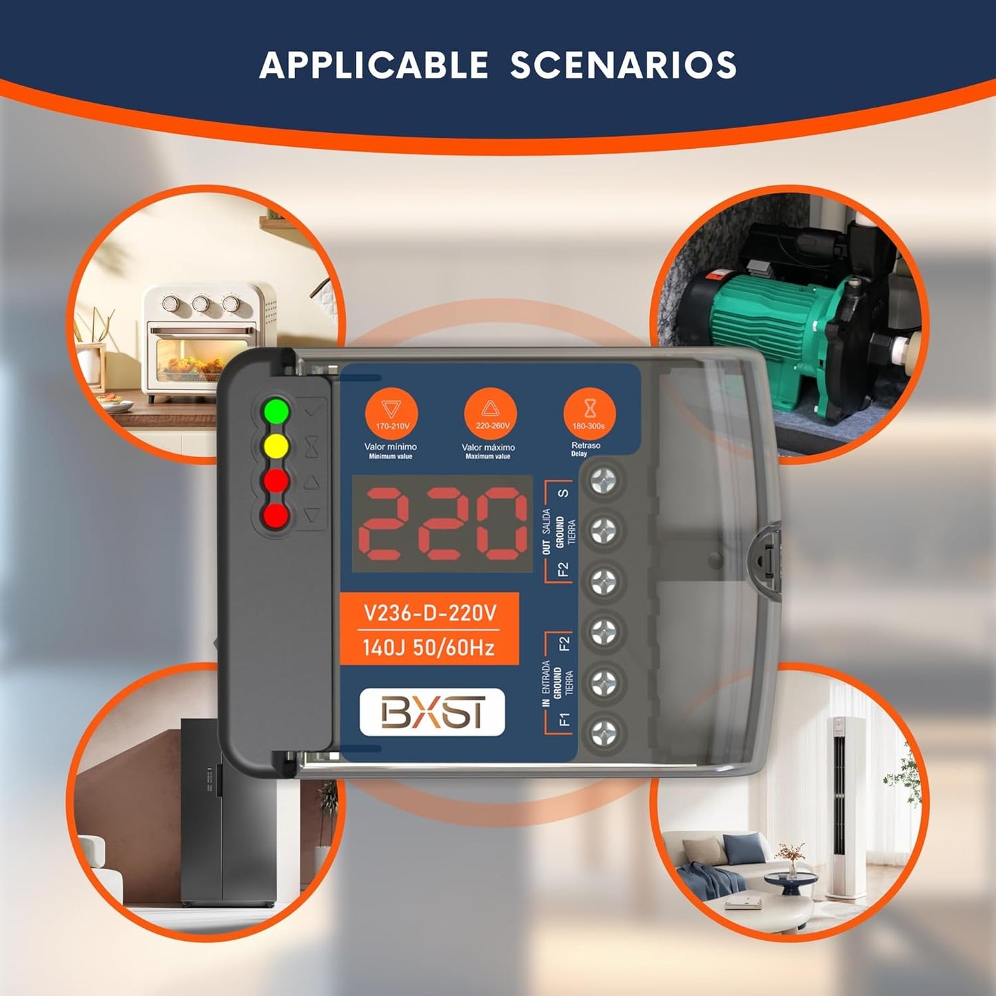 BXST Heavy Duty Wiring Surge Protector with LED Display Adjustable Voltage & Delay Protection, 220V, 30A, 6600W Max, 140J Surge Protection for Refrigerators, Air Conditioning, Motors, Pumps