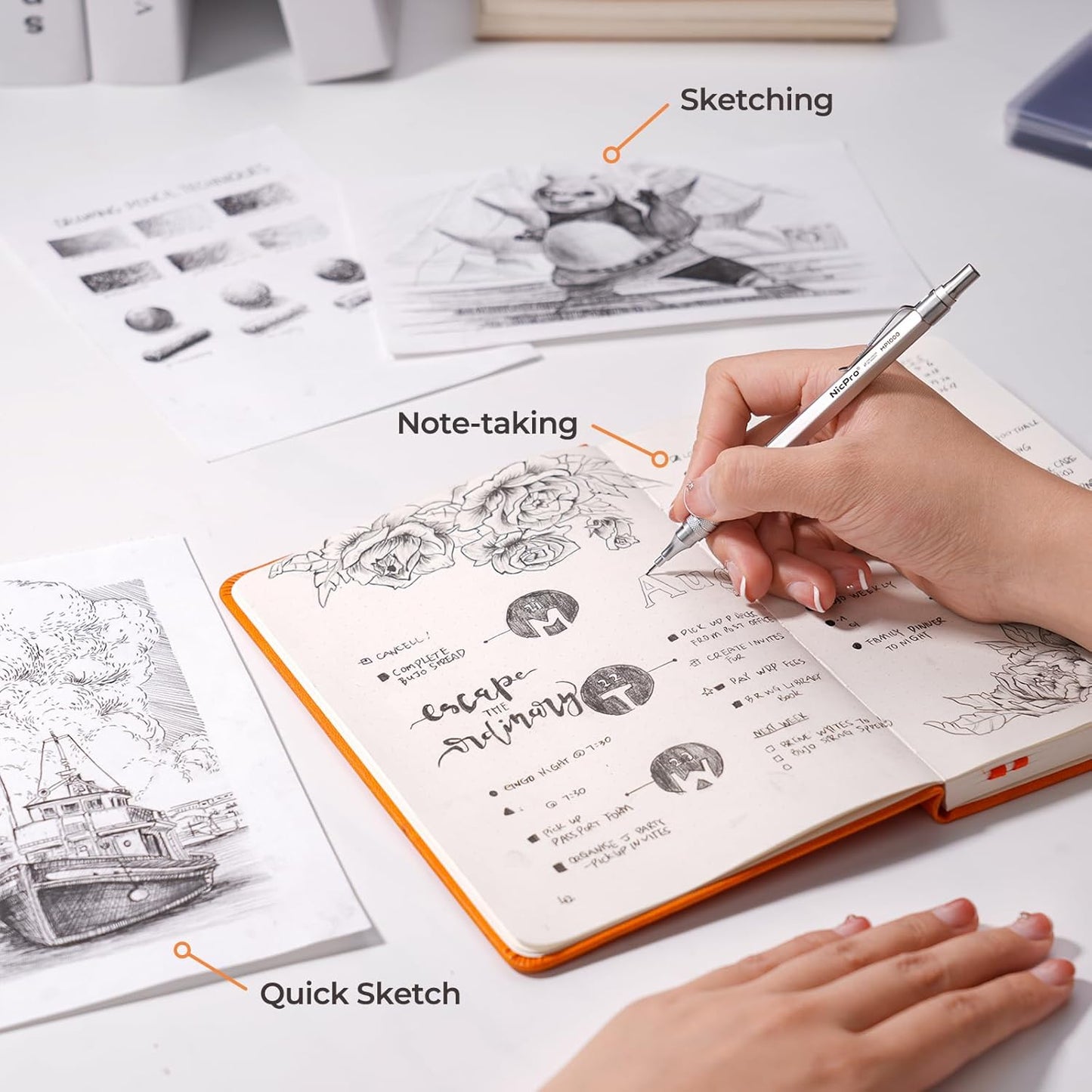 Nicpro 4 Pack Metal Mechanical Pencil Set 0.5 mm & 0.7mm with Case, Artist Pencil MP1000 with 8 Tubes HB & 2B Lead Refill, 3 Eraser, 9 Eraser Refill For Art Writing Drafting Drawing,Black & Silver