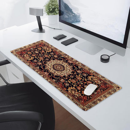 Vintage Rug Gaming Mouse Pad XL Dark Brown Retro Carpet Aesthetic Extended Large Mat Mousepad Desk Pad Non-Slip Rubber Base Stitched Edge Flower Keyboard Pad Playmat for Computer,31.5×11.8 Inch
