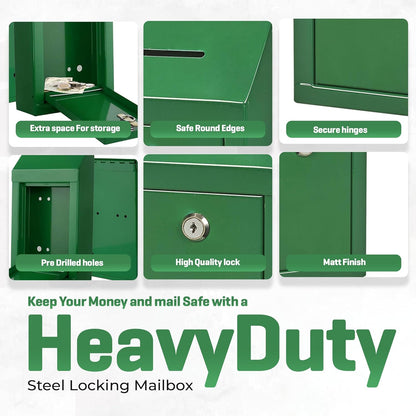 Metal Donation Box-Suggestion Box with Slot and lock-Cash Lock box for Money-Secure Drop Box-Comment and ballot voting box-comes with pre-drilled holes for easy wall mounting 10 X 6 X 2.5"(Green)