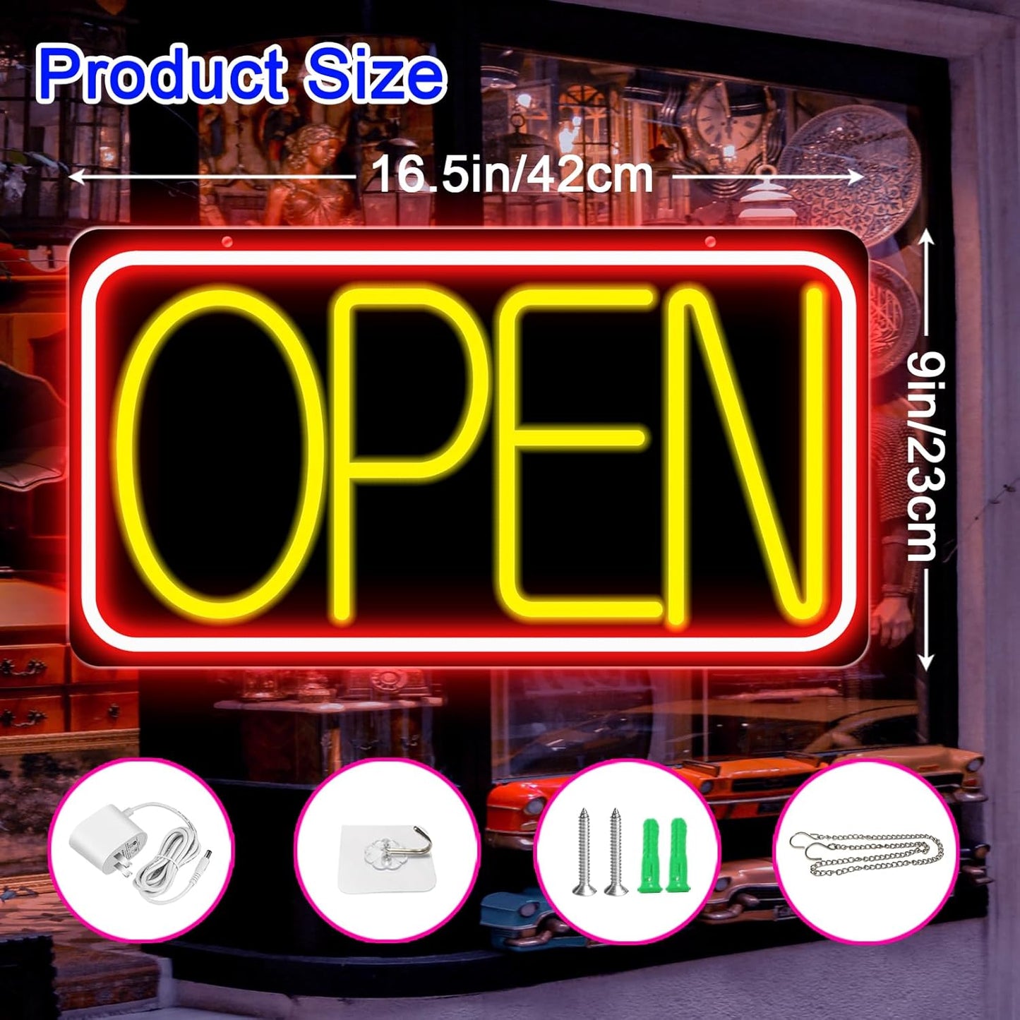 16.5" X 9" Led Neon Open Signs for Business Ultra Bright Plug In Electric Light Up Open Signs with ON/OFF Switch and 12V/2A AC Adapter for Storefront Window Bar Salon Coffee Stores (Red/Yellow)