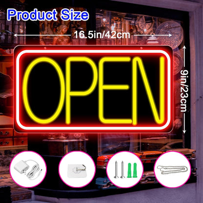 16.5" X 9" Led Neon Open Signs for Business Ultra Bright Plug In Electric Light Up Open Signs with ON/OFF Switch and 12V/2A AC Adapter for Storefront Window Bar Salon Coffee Stores (Red/Yellow)