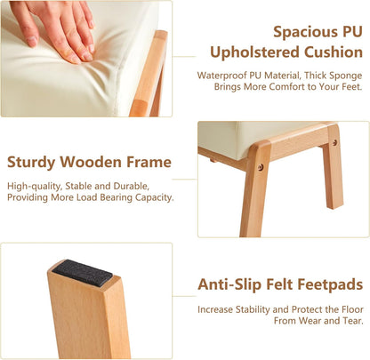 IBUYKE 10.2” H Small Foot Stool Ottoman, Rectangle PU Faux Leather Foot Rest with Padded Seat and Wood Legs, Modern Accent Ottoman Foot Rest for Living Room Bedroom Couch Office, White WBD013W