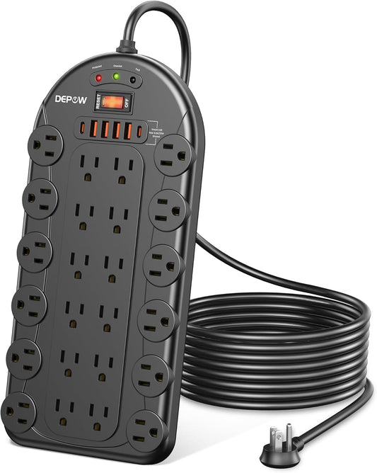 Power Strip, 24 AC Outlets (1875W/15A) with 6 USBs (2 USB-C Ports), ETL Listed, Surge Protector (3,400 Joules), 8 Ft Heavy Duty Flat Plug Extension Cord, Wall Mountable for Home, Office, Black