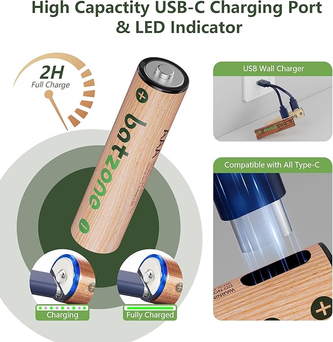 Rechargeable AAA Batteries, 814mWh AAA Batteries Lithium, Long Lasting USB C AAA Rechargeable Battery, 4 Pack with 1 USB-C 2-in-1 Charging Cable Over 1000+ Cycles