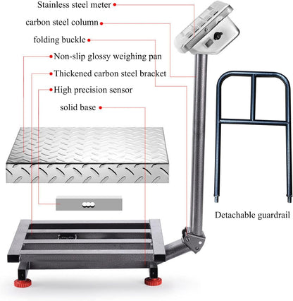 660lb Floor Industrial Platform Scale with Removable Guardrail Digital Scale with Accurate LB/KG High-Definition Displa Foldable for Weighing Luggage Package Shipping Double Sided Display