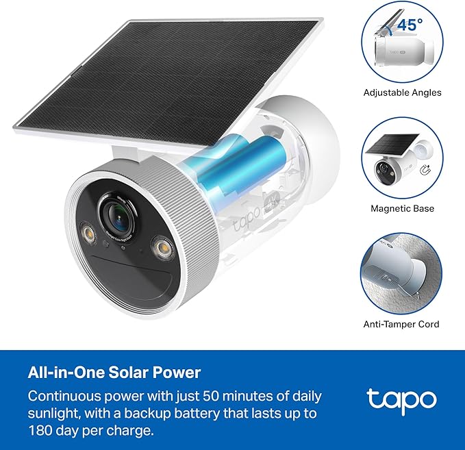 Tapo 4K Outdoor Battery Camera Wireless, Security Camera with Integrated Solar Panel, Person/Vehicle/Pet Detection, Works w/Alexa & Google Assistant, Color Night Vision, SD/Cloud Storage, C465