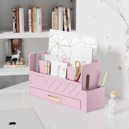 Bamboo Desk Organizer Mail Holder Countertop Wood Desk Drawer Tabletop Storage Box Pen Holder Letter Sorter Makeup Organizer for School Home Office Supplies with Pen Holder Pink