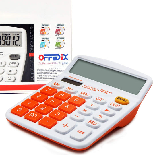 OFFIDIX Office Desktop Calculator, Solar and Battery Dual Power Electronic Calculator Portable 12 Digit Large LCD Display Calculator, Orange