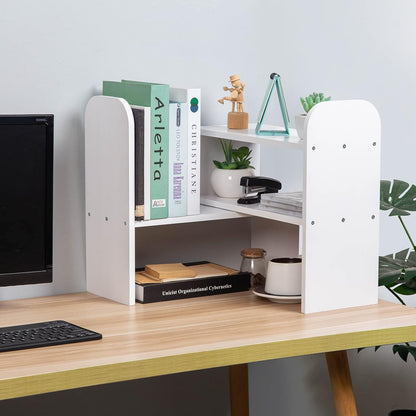 VERGOODR Desktop Adjustable Natural Wood Book Shelf Organizer Office Storage Rack Display Stand Caddy Set Expandable Desk Organizer (White)
