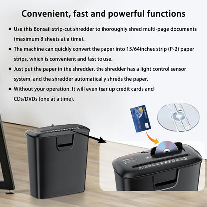 Bonsaii 8-Sheet Strip-Cut Shredder for Home – Compact Home Office Paper Shredder with Overheat Protection, Capable of Shredding CDs and Credit Cards, Includes a 3.4-Gallon Waste Bin
