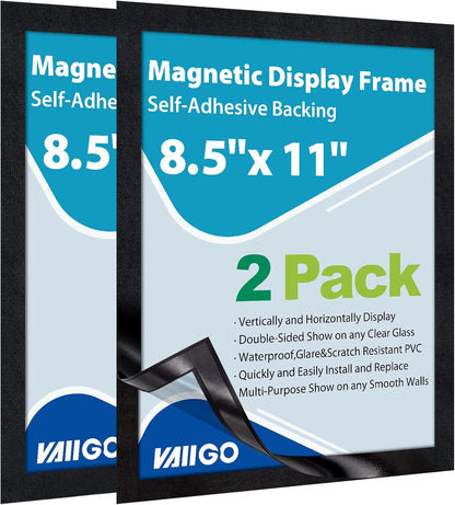 8.5" x 11" Magnetic Self-Adhesive Display Frame, Double Sided Window Magnetic Sign Holder with Clear PVC and Strong Magnetic for Office/Home/Store/Door/Glass/Wall Display Frame (Black, 2Pack)
