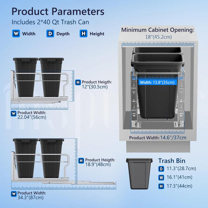 Insputer Double 40QT Pull Out Trash Can Under Cabinet, Heavy Duty Under Sink Garbage Bin Kit with Soft-Close Slides for Kitchen, Laundry, Requires Minimum Cabinets Opening 18" W X 24" D