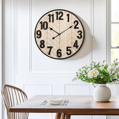 24 Inch Large Wall Clock for Living Room Decor, Rustic Wooden Farmhouse Wall Clock with Black Metal Frame, Battery Operated Non-Ticking Silent Wall Clocks for Home Decor (Brown)