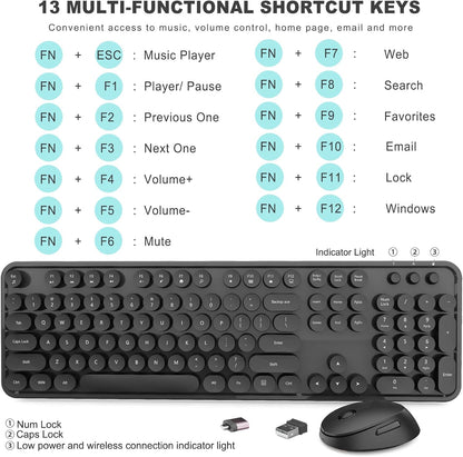 Wireless Keyboard and Mouse Combo, Ergonomic Full Size Typewriter Retro Round Keycaps Keyboard, Compatible with Windows, PC, Perfer for Home and Office Keyboards (Black