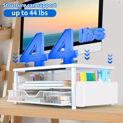 AUPSEN White Monitor Stand Riser, 2-Tier Wood Computer Desk Organizer with Drawer, Pen Storage & Phone Holder ，Office Desk Accessories Desktop Organizer for Office Supplies