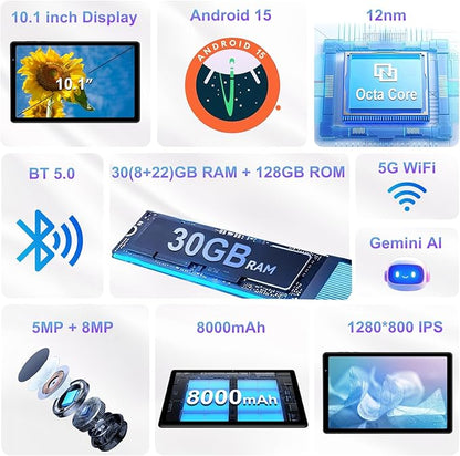2025 Tablet 10 inch Android 15 Tablets 30GB RAM 128GB ROM 1TB Expand, 8000mAh Octa-Core Tablet with Drop-proof Case, Gemini AI, HD IPS Display, GPS, 5G WIFI, Split-screen, Widevine L1 -Metal Green