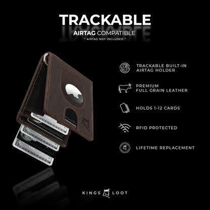 Kings Loot Trackable Airtag Wallet for Men | RFID Blocking Leather Design with Airtag Holder, Money Clip & Pull Tab | Minimalist Air Tag Wallets