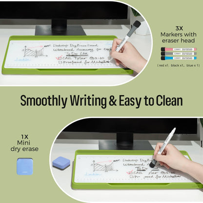 LOUKIN Glass Desktop Whiteboard, 15.3" x 5.6" Dry Erase Desk Board with Dotted and Graduated Surface, Desktop Buddy, Great for Design and Drawing, 3 Markers and 1 Dry Erase Eraser Included (Green)