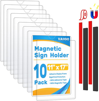 Magnetic Frames 11 x 17 Sign Holder Wall Mount 10 Pack, Rigid Clear Plastic Sign Holder with Magnet & Adhesive, Door Paper Holder for Refrigerator, Locker, Metal, Whiteboards, Windows