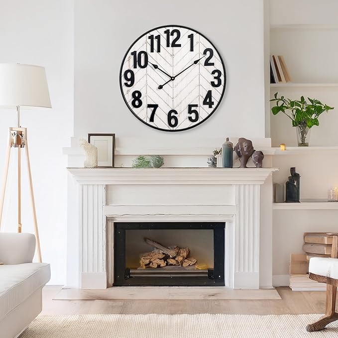24 Inch Large Wall Clock, Rustic Wooden Farmhouse Wall Clock with Black Metal Frame, Battery Operated Non-Ticking Silent Wall Clocks for Living Room, Kitchen, Bedroom (Whitewashed)
