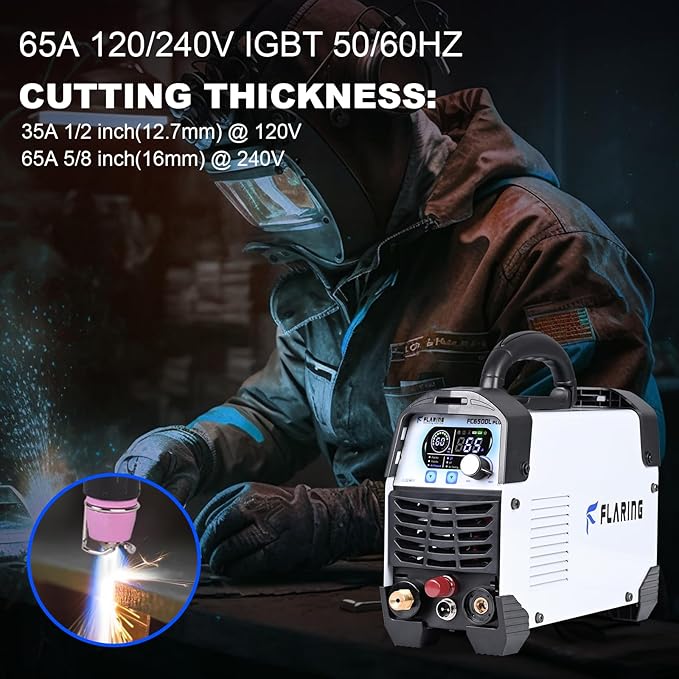 FLARING FC650DL PLUS Plasma Cutter 65 AMP Non Touch Pilot Arc Plasma Cutter Machine 120/240V Dual Voltage, Digital Display, High Frequency IGBT Inverter, Post Air/2T/4T, 5/8" Clean Cut with Consumable