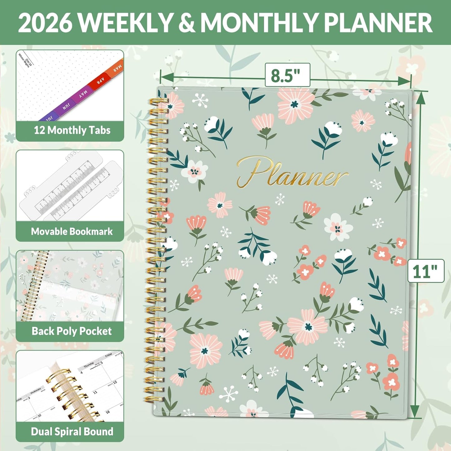 SUNEE 2026 Weekly and Monthly Planner - from January 2026 - December 2026, 8.5"x11" Daily Agenda Planner with Monthly Tab, Flexible Cover, Note Pages, Pockets, Bookmark, Green Wildflowers