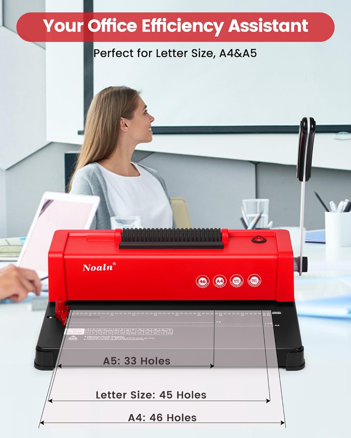 46-Hole Binding Machine Spiral Coil Binder Classic Red,DIY Book Binder Kits with Electric Coil Inserter,100pcs Comb Binding Spines,for Letter Size/A4/A5 School Office Home