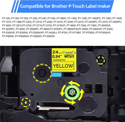 6PK 24mm Yellow Label Tape Compatible for Brother P-Touch Label Maker Tape TZe-651 1 Inch TZe TZ Tape TZ-651 TZe651 24mm 0.94'' Laminated Black on Yellow for PT-D600 D610BT P710BT P750W