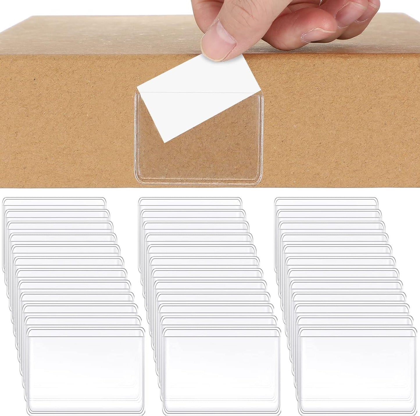 Jeyiour 100 Pcs Label Holders Adhesive Nameplate Pockets Storage Bin Labels Index Card Holder Shelf Plastic Peel Stick for Classroom Supermarket Bookshelf Library Student Box Drawer (2.4 x 1.6 Inch)
