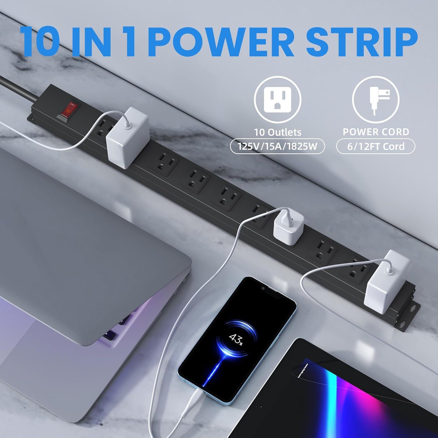 10 Outlet Power Strip 6FT Long Extension Cord Heavy Duty Power Strip Wall Mount Outlet Metal for Kitchen,Office,School,Garage,Workshop,Industrial,125V/15A/1825W,Black(6FT)