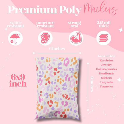6x9 Designer Poly Mailer 100 Pack Heavy Duty Waterproof Self Seal Shipping Bags for Small Business Large Mailing Envelopes Bulk Tear Resistant Cute Packaging Preppy Leopard