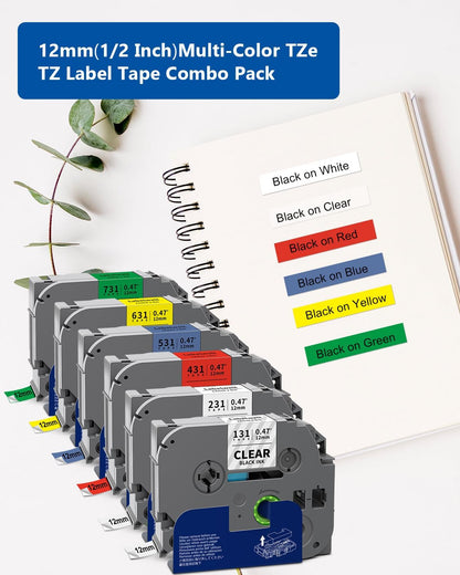 6-Pack TZe 12mm 0.47 Laminated Multi Color Compatible for P Touch Label Tape TZ TZe-231 131 431 531 631 for PTouch PT-H110 D210 D220 PT-H103W, Clear/White/Red/Blue/Yellow/Green