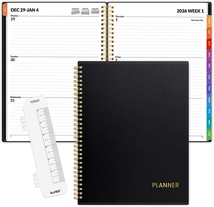 SUNEE 2026 Weekly and Monthly Planner - from January 2026 - December 2026, 8.5"x11" Daily Agenda Planner with Monthly Tab, Flexible Cover, Note Pages, Pockets, Bookmark, Spiral Binding, Black