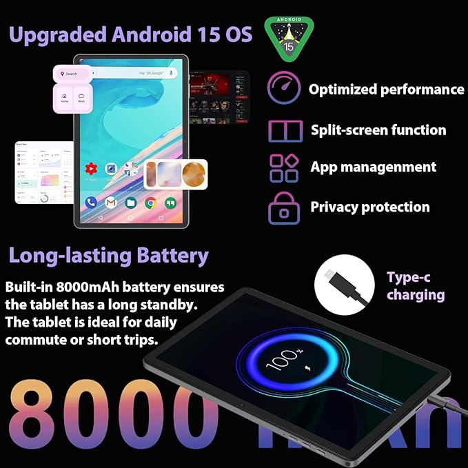 Android 15 Tablet with Keyboard - 26GB+256GB+2TB Expand, Octa-Core, 2.4G/5G Wifi, 8000mAh Battery, Widevine L1, Dual Camera, Face Unlock, 10 Inch 2 in 1 Tablets with Mouse, Stylus (Black Case)