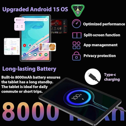 Android 15 Tablet with Keyboard - 26GB+256GB+2TB Expand, Octa-Core, 2.4G/5G Wifi, 8000mAh Battery, Widevine L1, Dual Camera, Face Unlock, 10 Inch 2 in 1 Tablets with Mouse, Stylus (Black Case)