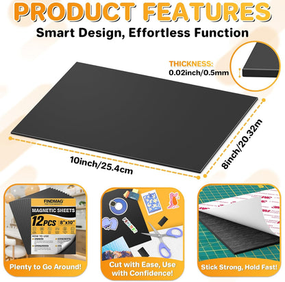 FINDMAG Magnetic Sheets (8” x 10”), Pack of 12, Flexible Magnet for Hanging Pictures, Photos, Paper Magnet for Dies, Adhesive Magnetic Sheets for Fridge, Locker, Cabinet Doors.