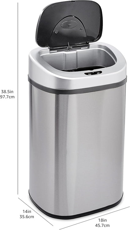 Amazon Basics Automatic Trash Can with Lid, Hands-Free, Stainless Steel, D-Shaped 80 l, 2 Bins