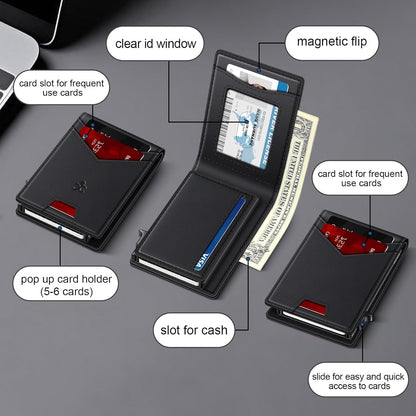 Wallet for Men Wallet with Slim Pop Up Card Holder for 12-14 Cards, RFID Blocking Bifold Minimalist Smart Wallet, Credit Card Holder with ID Window & Cash Slot, Compact Metal Card Case, Gifts for Men