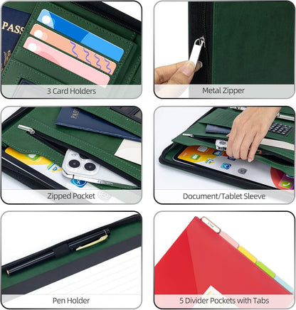 Ospelelf Green Clipboard with Storage 3 Binder Leather Portfolio Folder with Zipper, 12.1” Tablet Sleeve, 5 Dividers with Pocket, Refillable Notepad, Card Slot