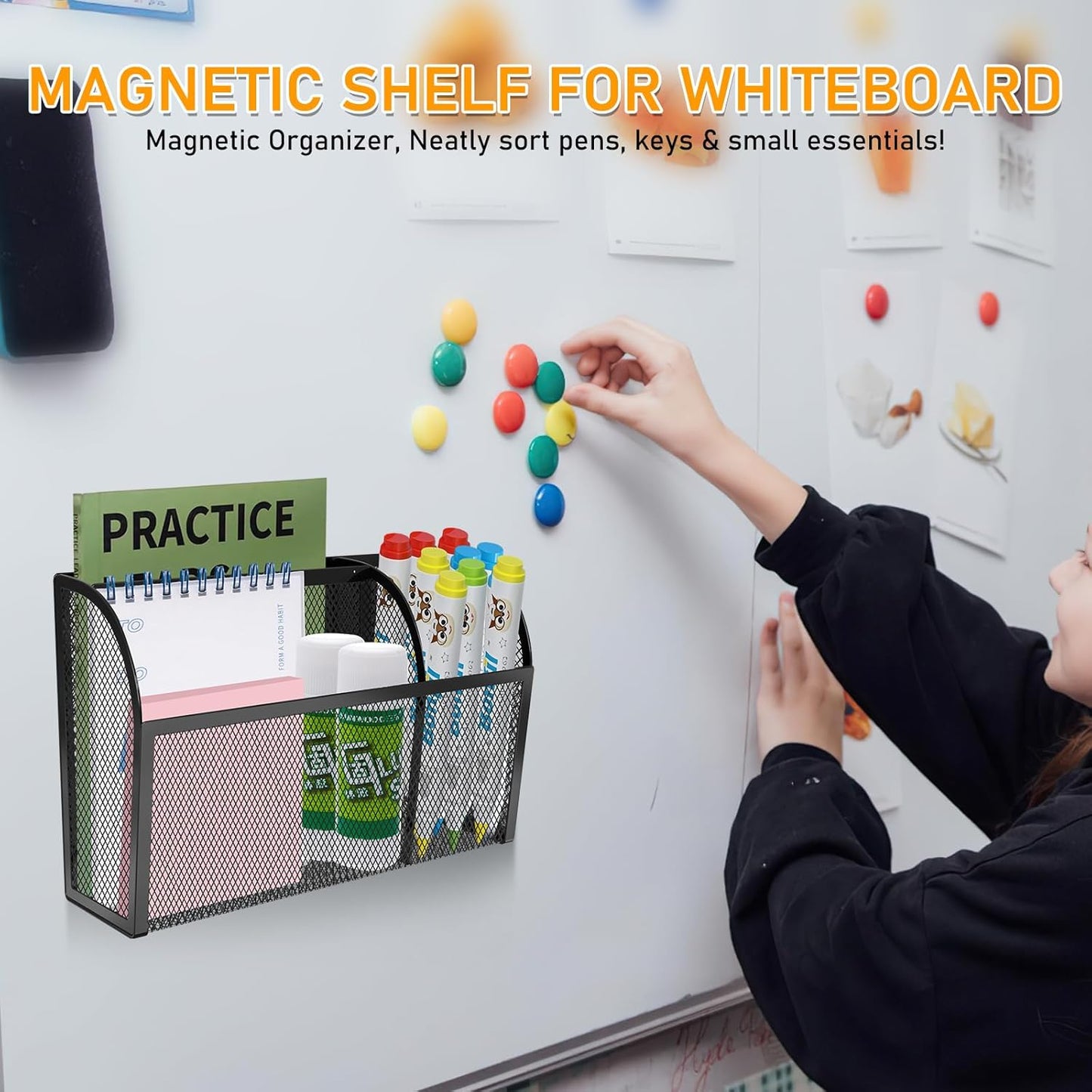 Magnetic Pencil Holder-Magnetic Basket for Fridge 3-Grid Mesh Magnetic Pen Holder for Refrigerator, Extra Strong Magnets Mesh Marker Holder Locker Accessories Organizer for Whiteboard