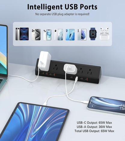Desk Clamp Power Strip 65W Fast Charging Station,4 PD USB-C,5 Outlets,Nightstand Desk Edge Mount Tower Surge Protector,15 Amp Heavy Duty Power Strip,Fits 1.96" Tabletop Edge (Black, 10 FT Cable)