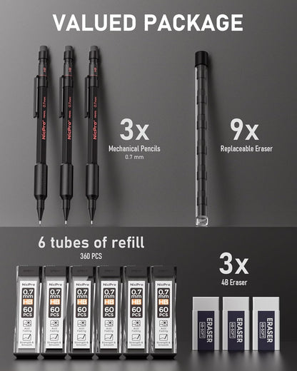 Nicpro 0.7 mm Mechanical Pencil Set with Case, 3PCS MP2000 Metal Artist Mechanical Pencil With 6 Tube HB Lead Refills, Eraser, Weatherproof Barrel for Outdoor Writing Drafting Drawing Sketching