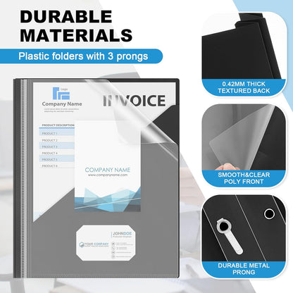 Teling 48 Pack Clear Front Report Covers with 3 Prongs Fasteners, 11.42 x 9.45 Inch Plastic Presentation Folders Bulk, 90 Sheet Capacity, Book File Covers for Office School Business, Black