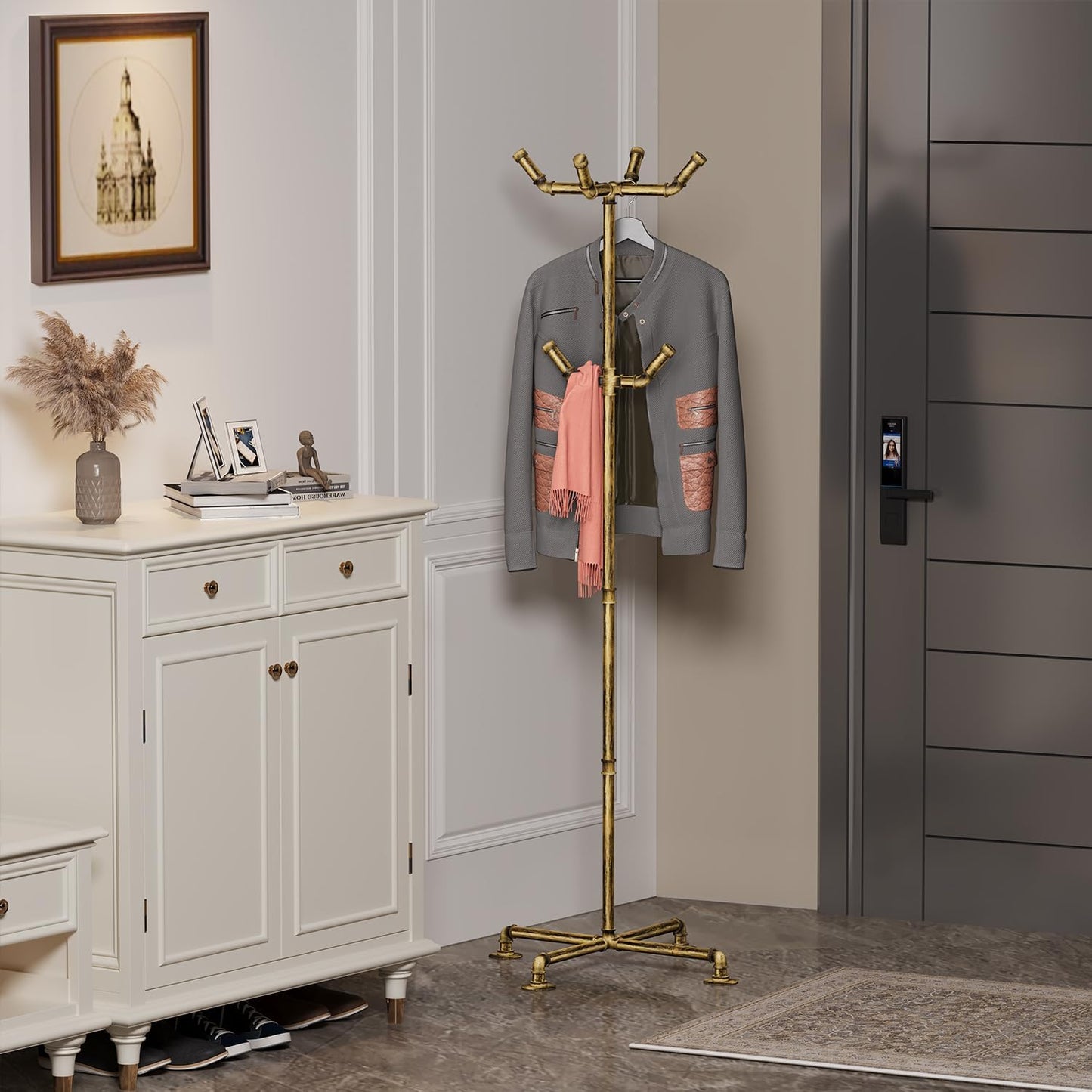 Industrial Coat Rack, Metal Pipe Coat Rack Stand Freestanding with 6 Hooks, Heavy Duty Coat Tree Sturdy Coat Racks for Entryway, Hallway, Bedroom (Vintage gold)